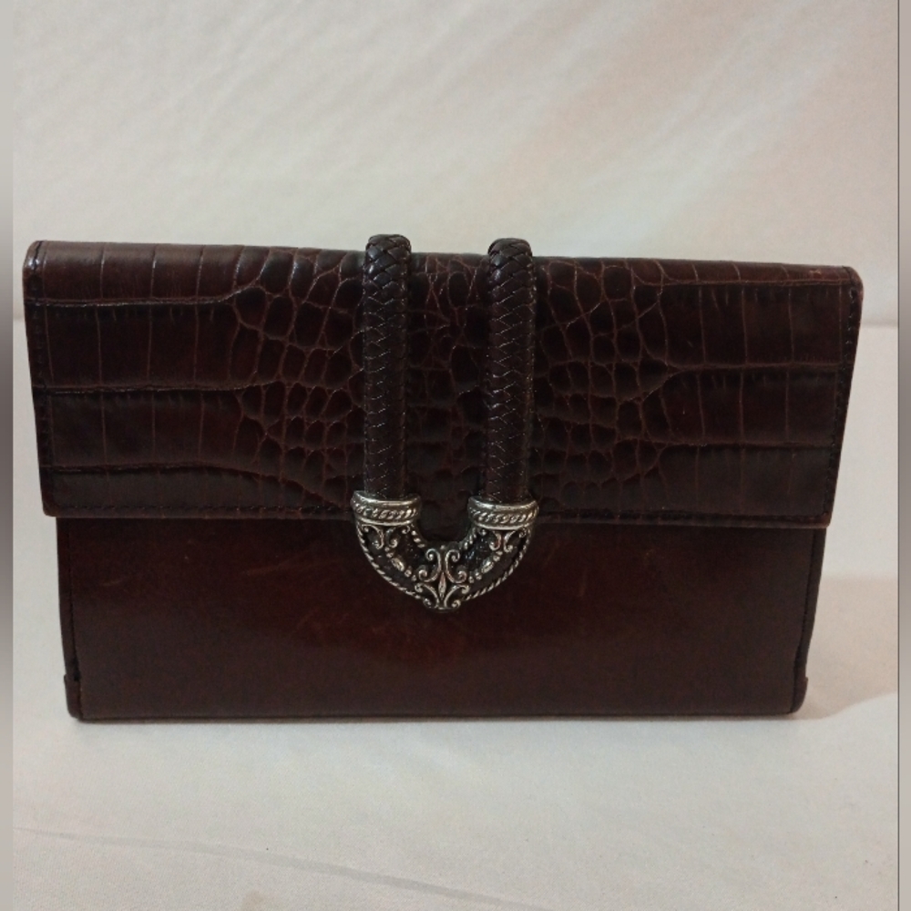 Brighton Croc Embossed Leather Clutch Wallet with Silver Accents